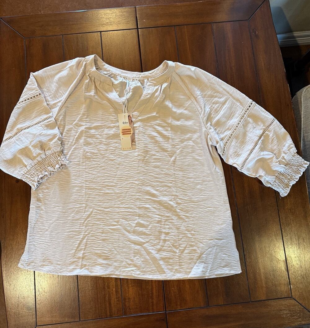Dokotoo Women's XL Beige Split Neck 3/4 Sleeve Eyelet Ruffle Blouse Polyester
